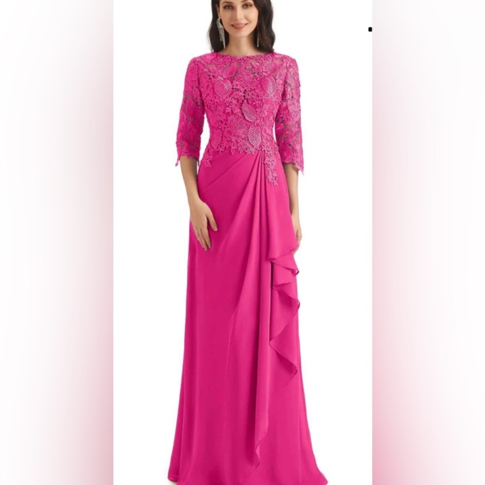 ChicSaw Fuchsia Chiffon Lace ruffle 3/4 sleeves formal  wedding maxi Gown